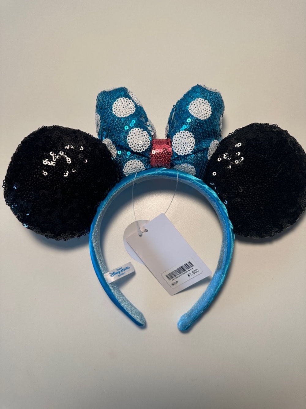 NWT Sequin Minnie Mouse Ears Headband - Blue White Polka Dot Bow - Picture 2 of 6
